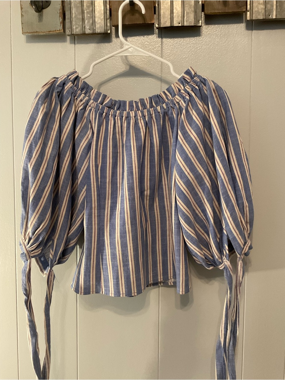CeCe Blue and White Striped Off-Shoulder Blouse with Ruffle Sleeves